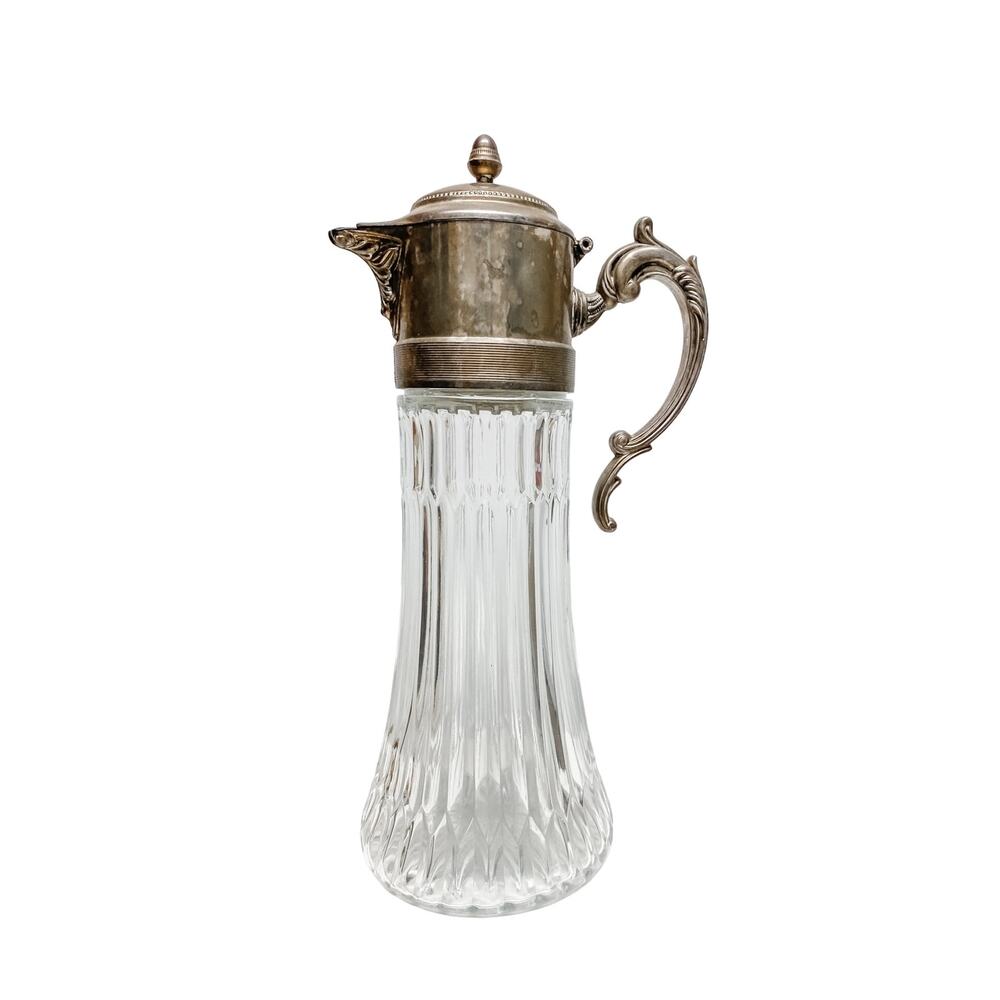 Vintage Italian Cut Ribbed Glass Decanter Carafe Silver Plated Ornate Lid